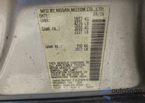 2016 Nissan Altima 2.5 Sl из США, поврежденный, VIN 1N4AL3AP9GC210989